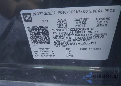 2024 Chevrolet Equinox Awd Lt z USA, uszkodzony, nr VIN 3GNAXUEG3RL286351